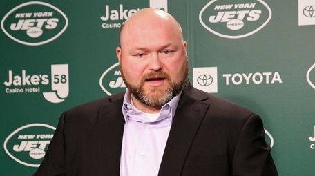 Jets GM Joe Douglas speaks to reporters during