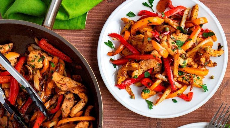 Chicken breasts strips, red and yellow peppers, fennel,