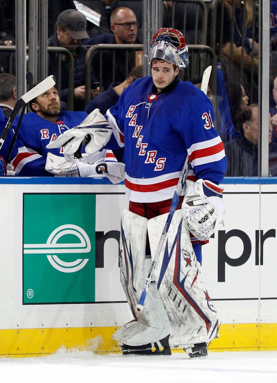 Igor Shesterkin #31 and Henrik Lundqvist #30 of