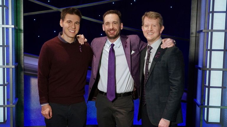 James Holzhauer, left, Brad Rutter and Ken Jennings