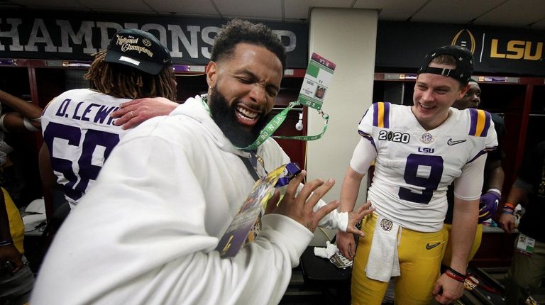 Odell Beckham Jr. celebrates in the locker room