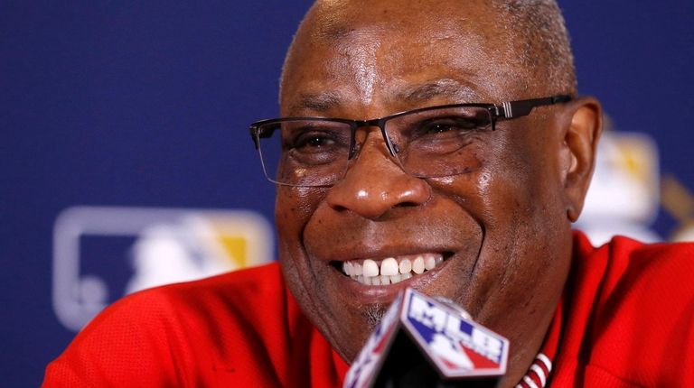Nationals manager Dusty Baker talks during a news