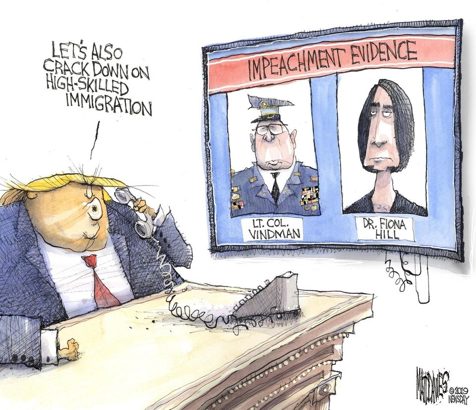 Matt Davies cartoon about impeachment witnesses
