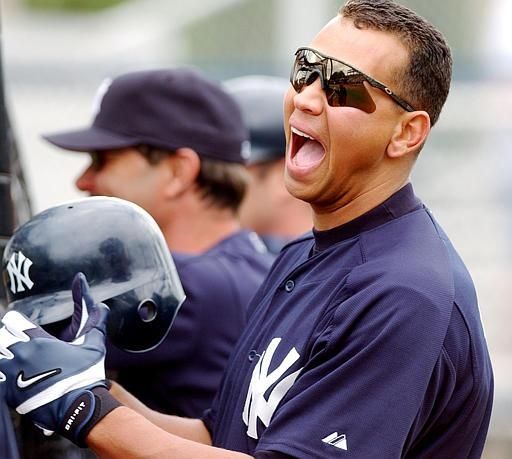 Alex Rodriguez laughs at batting practice as he