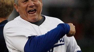 Los Angeles Dodgers' Larry Bowa celebrates after the