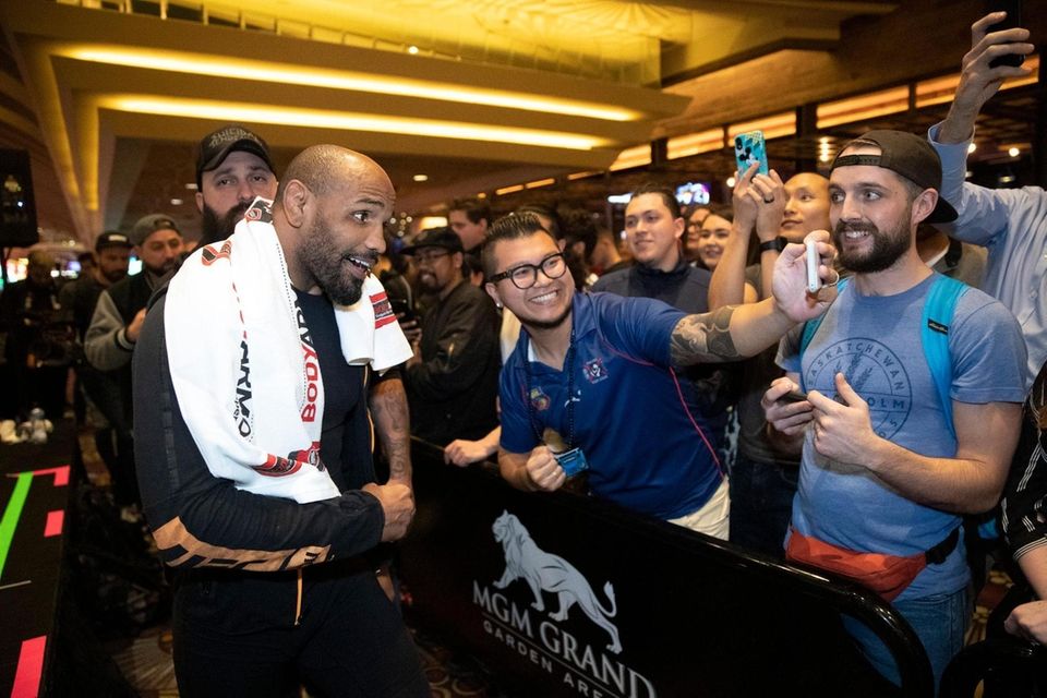 Middleweight fighter Yoel Romero, left, of Cuba, poses