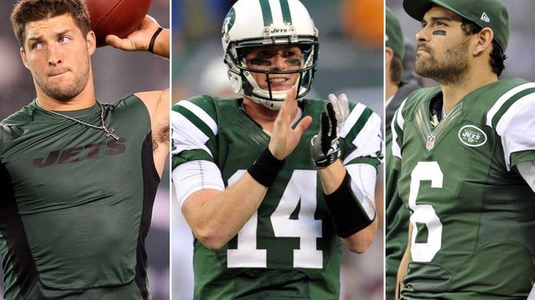 A composite image of Jets quarterbacks Tim Tebow,
