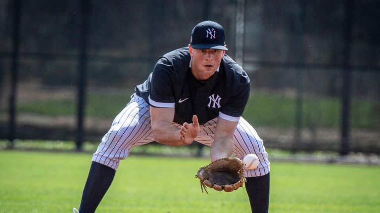 The Yankees' DJ LeMahieu fielding ball in practice