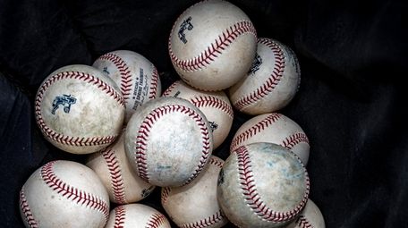 Baseballs are seen during Yankees spring training in