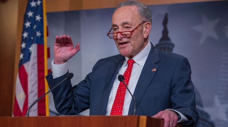 Democratic Senate Minority Leader Chuck Schumer speaks to