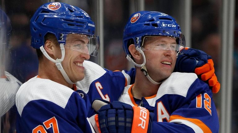 Josh Bailey (right) of the Islanders celebrates his