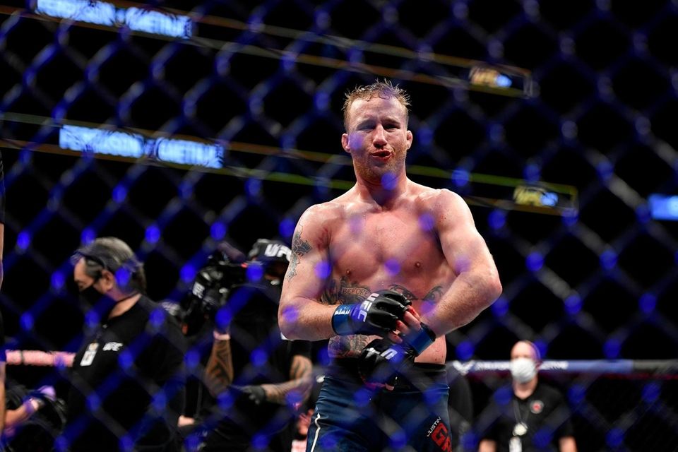 Justin Gaethje celebrates after defeating Tony Ferguson in
