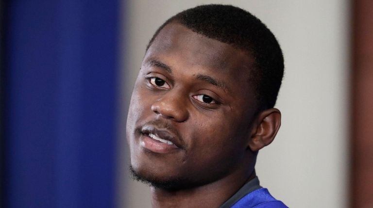 Giants rookie cornerback DeAndre Baker talks to reporters