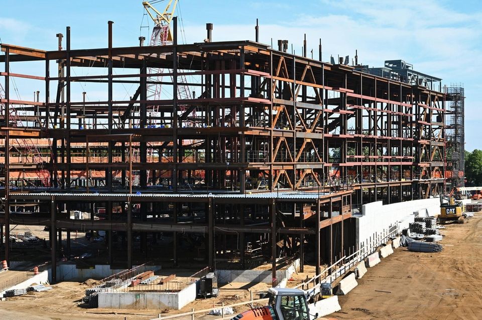 Construction continues on the Belmont Arena on the