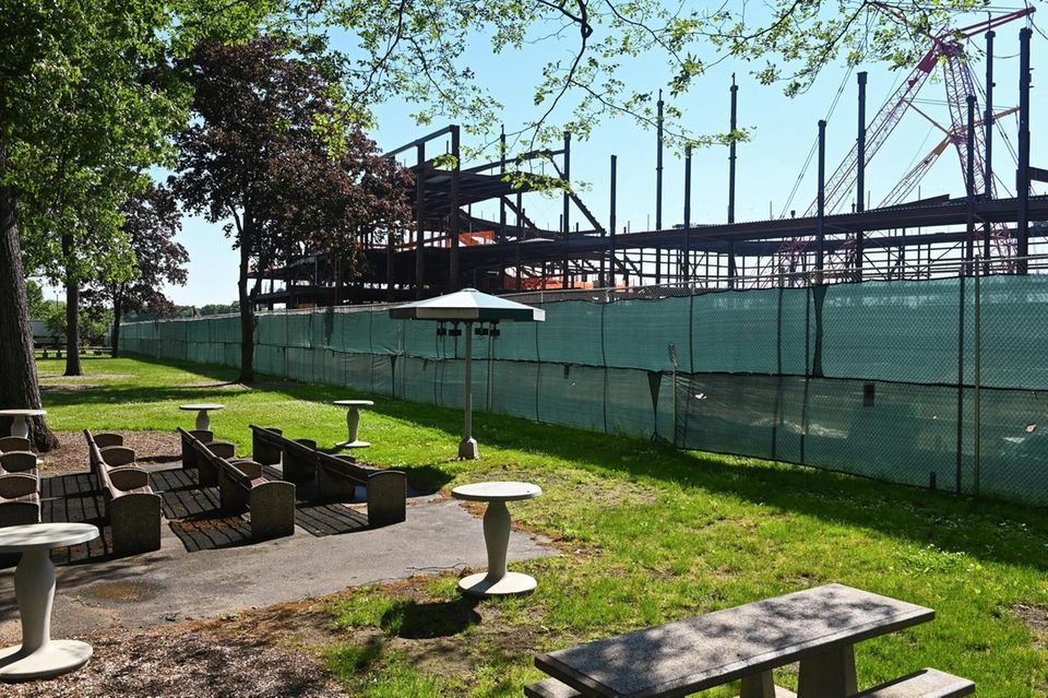 Construction continues on the Belmont Arena on the