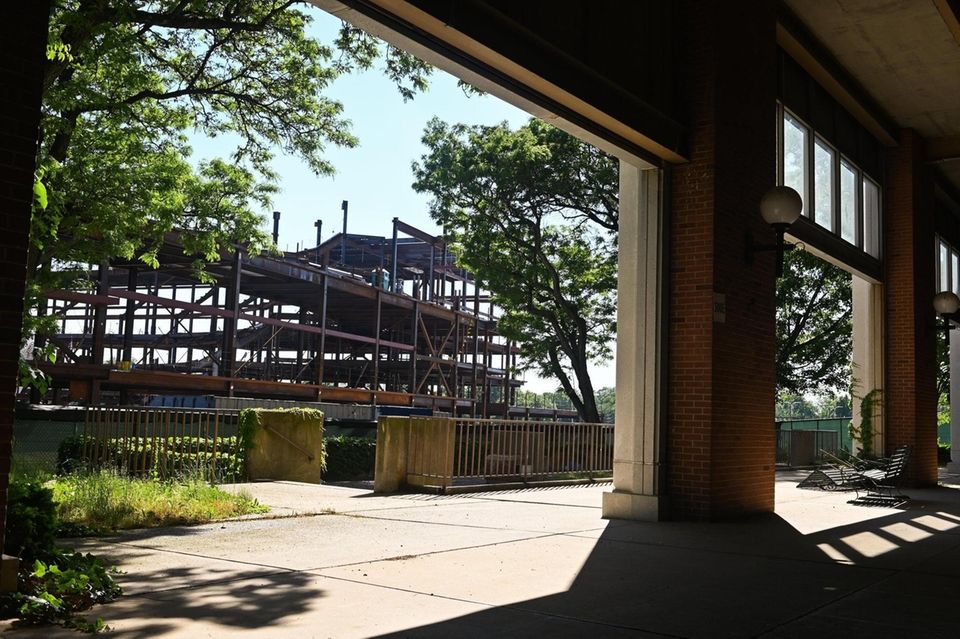 Construction continues on the Belmont Arena on the