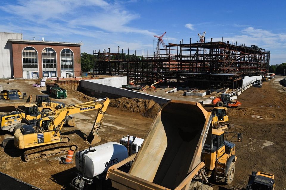Construction continues on the Belmont Arena on the