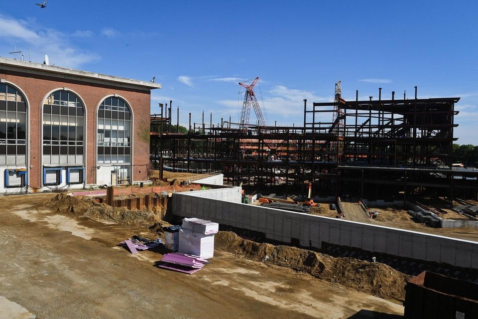 Construction continues on the Belmont Arena on the
