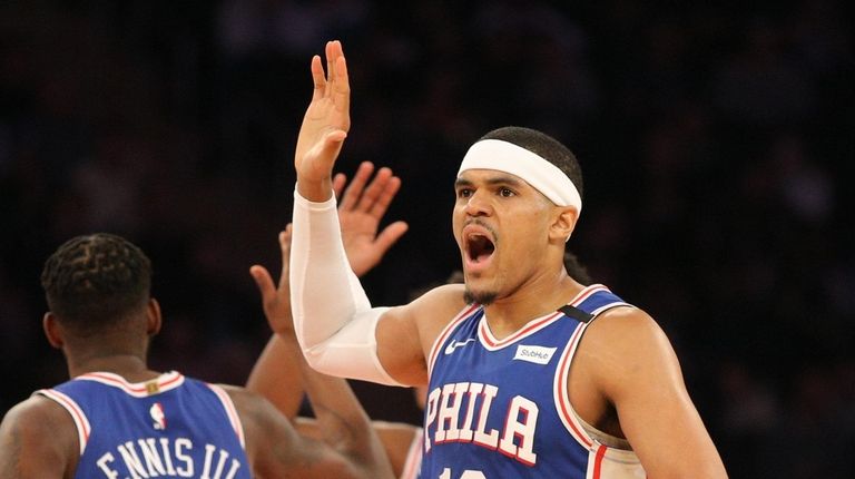 Philadelphia 76ers small forward Tobias Harris (12) reacts