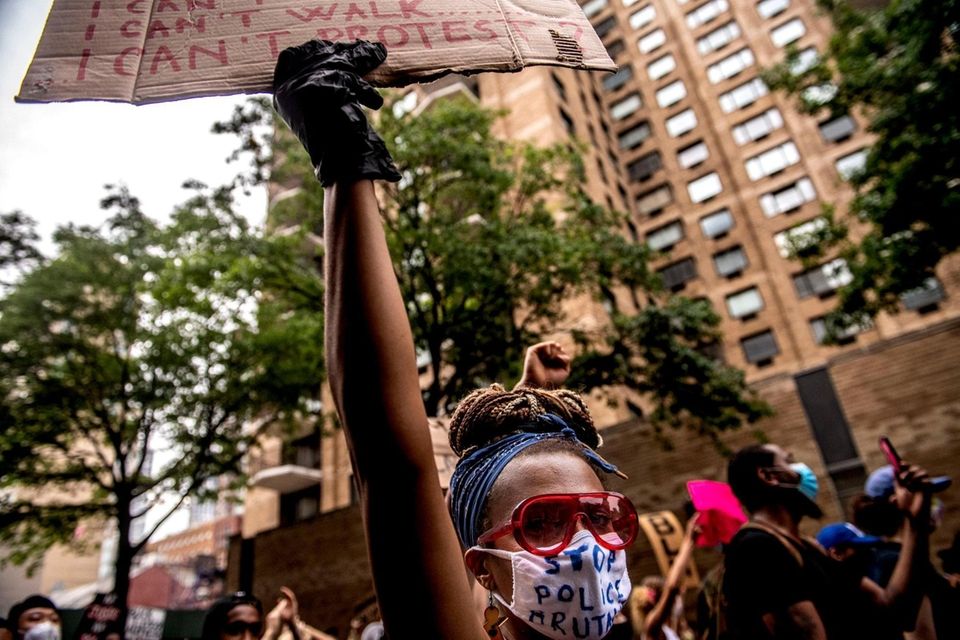 Protestors march in Manhattan during a rally calling