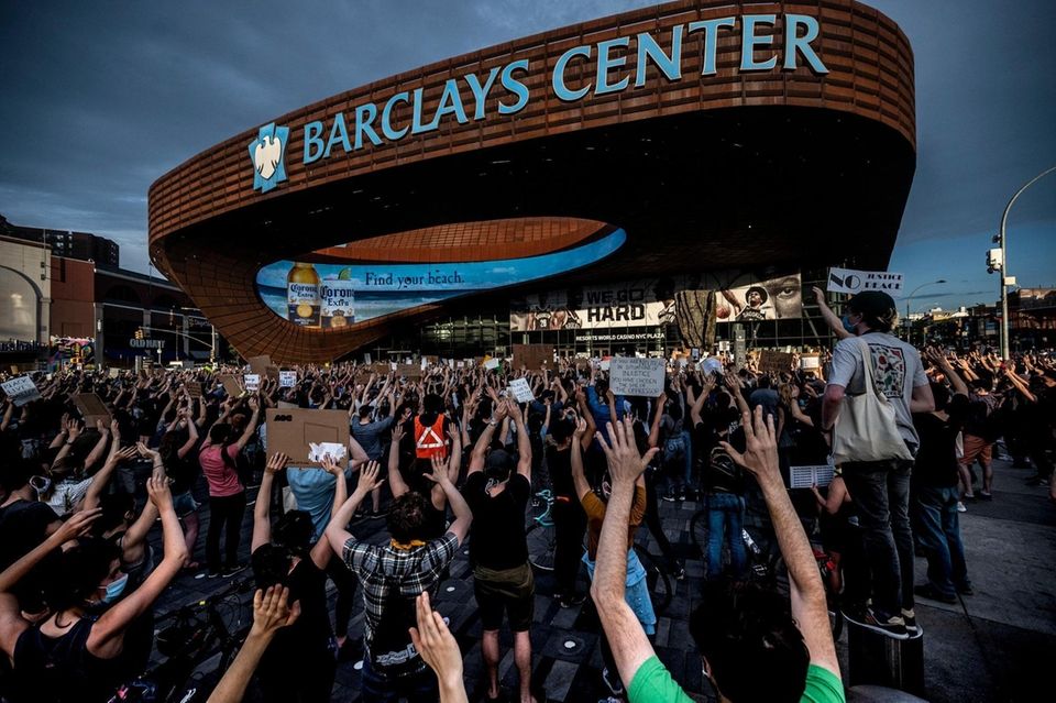 Protestors gather at Barclays Center in Brooklyn during