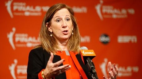 WNBA Commissioner Cathy Engelbert speaks at a news