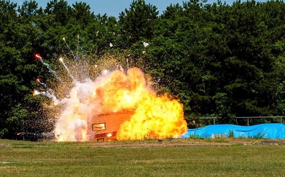 A camper filled with fireworks explodes during a