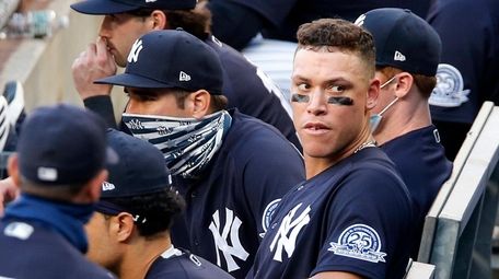 Aaron Judge #99 of the Yankees looks on