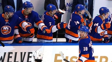Anthony Beauvillier #18 of the Islanders celebrates with