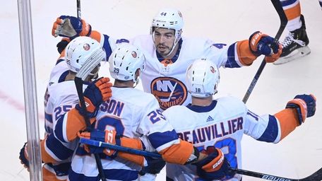 Islanders left wing Anthony Beauvillier celebrates his goal
