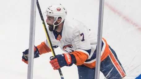 Islanders right wing Jordan Eberle celebrates after scoring