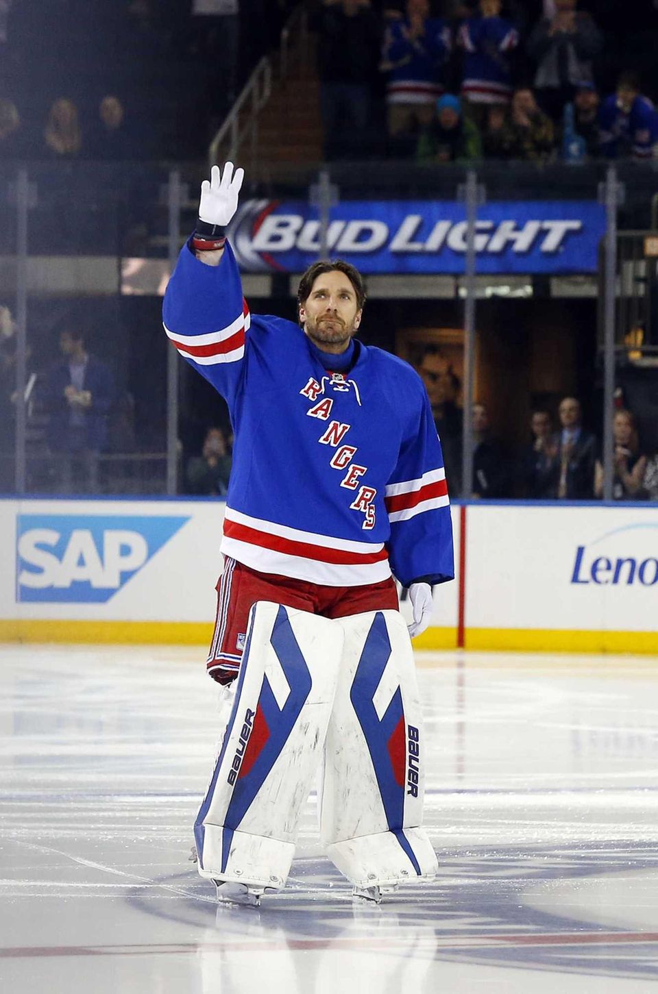 Henrik Lundqvist of the Rangers waves to the