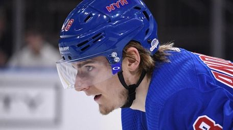 Rangers center Lias Andersson sets against the Bruins