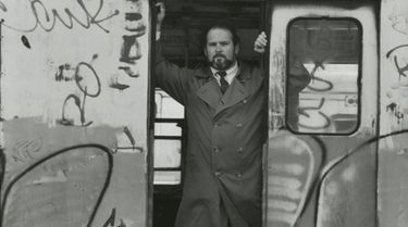 Jim Dwyer in old subway car at yard