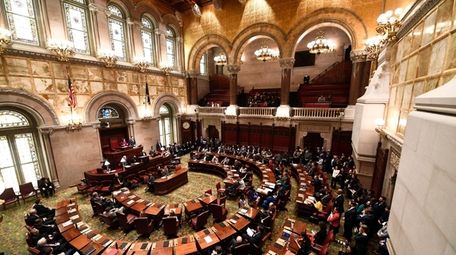 New York state Senate members meet in the