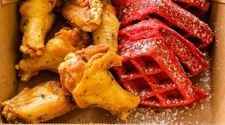 Chicken wings and red velvet waffles at Brooklyn
