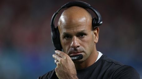 49ers defensive coordinator Robert Saleh looks on against