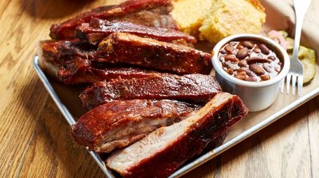 St. Louis style ribs, cornbread and baked beans