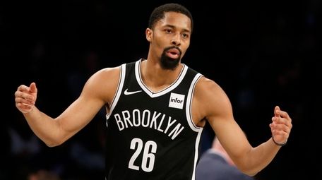 Spencer Dinwiddie of the Nets reacts during the