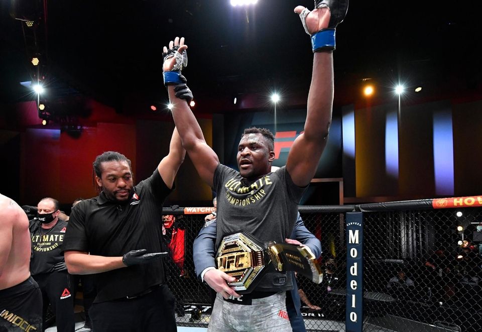 Francis Ngannou of Cameroon reacts after his victory