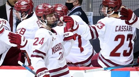 Zac Jones #24 of the Massachusetts Minutemen celebrates