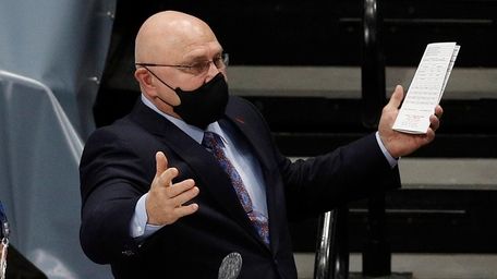 Head coach Barry Trotz of the Islanders reacts