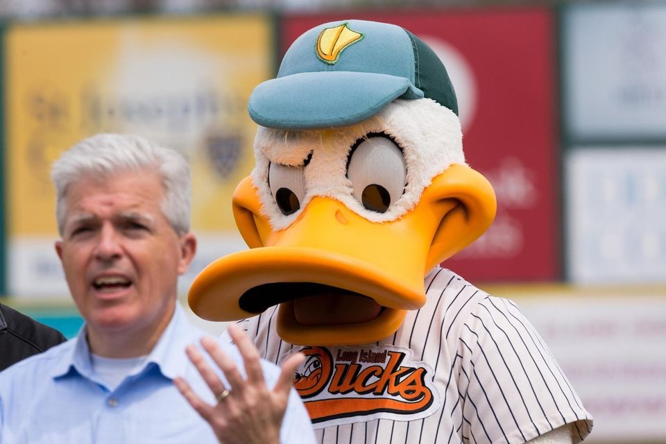Long Island Ducks mascot QuackerJack looks on as