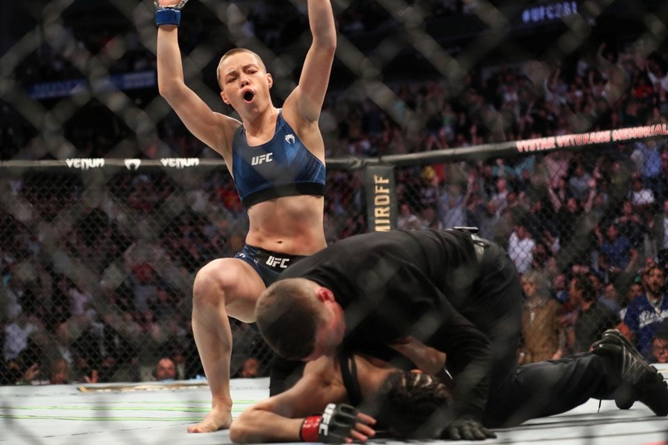 Rose Namajunas of the United States celebrates after