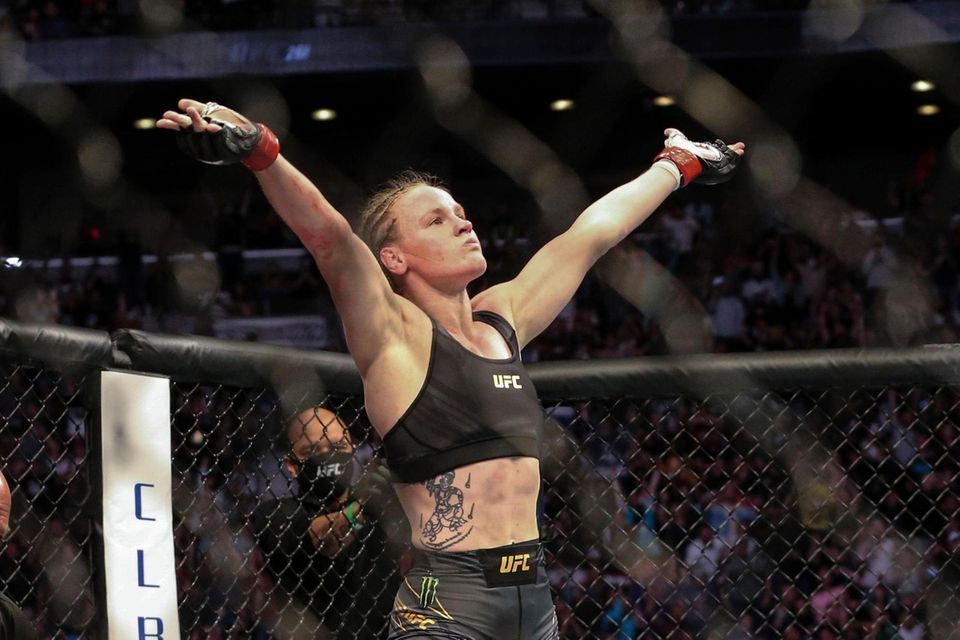 Valentina Shevchenko celebrates her win at the end
