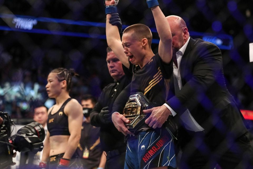 Rose Namajunas of the United States celebrates after