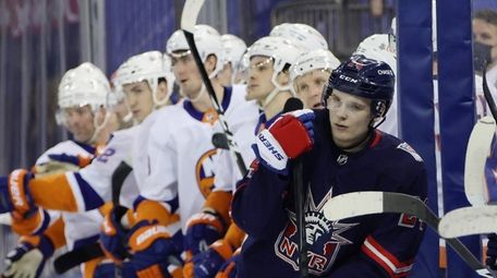Kaapo Kaako of the New York Rangers reacts