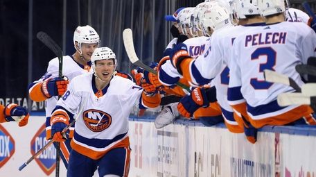 Anthony Beauvillier #18 of the Islanders celebrates his