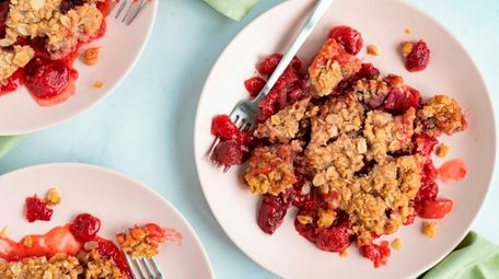 Strawberry rhubarb crisp with oatmeal topping.