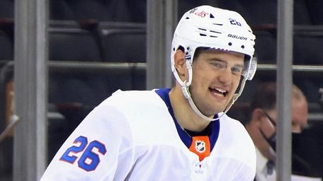 The Islanders' Oliver Wahlstrom celebrates his first-period goal